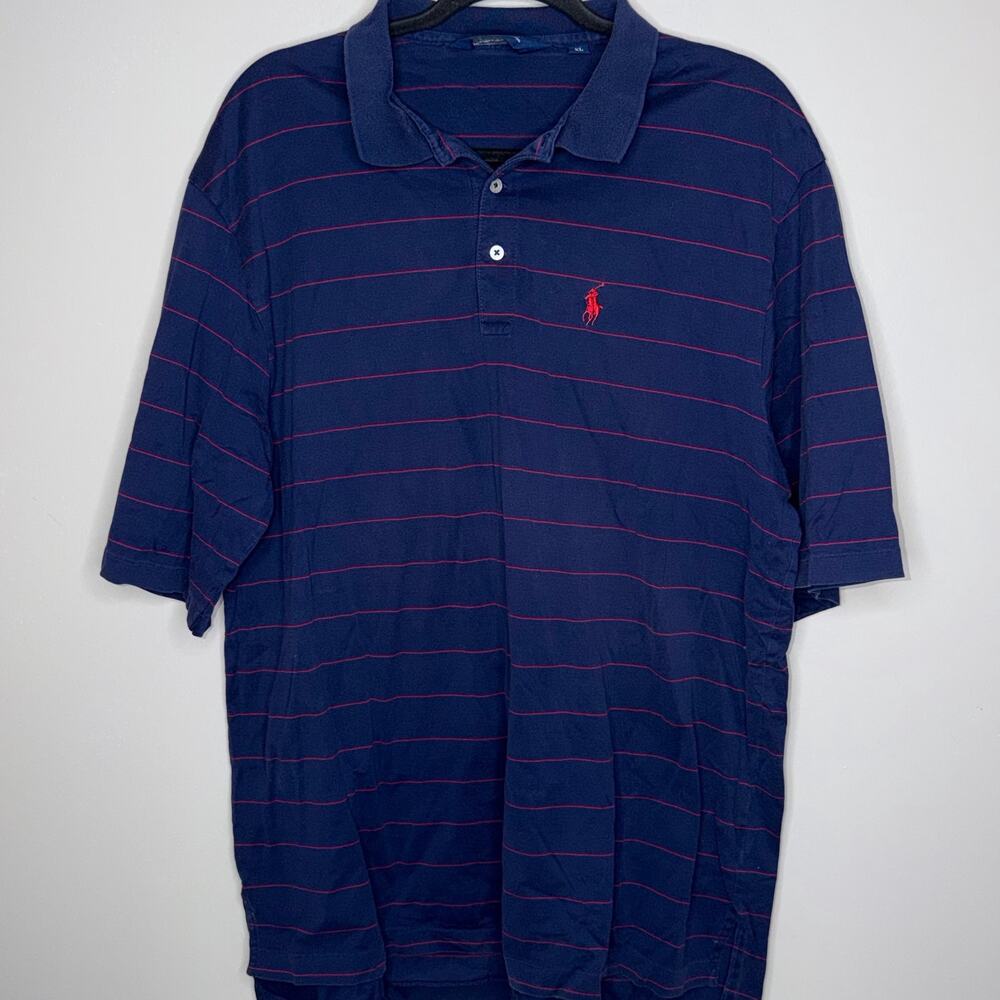 Polo Golf Mens Size XL Navy Blue Red Stripe Red Pony Short Sleeve Polo Shirt